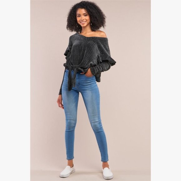 (NWT) Ruffle Trim V-Neck Sweater - Dark Grey - Picture 2 of 5